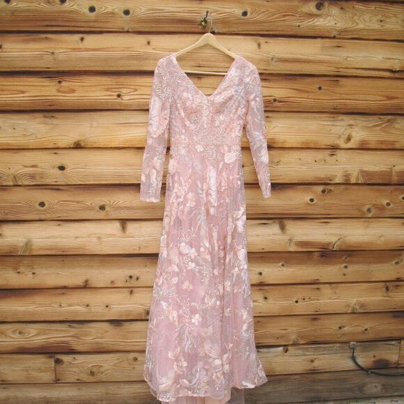 MAC DUGGAL  20214 Pink Embellished Long Sleeve V Neck A Line Gown - Picture 5 of 12